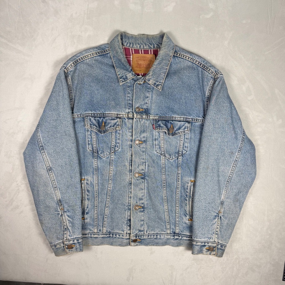 90s Mens Levis Flannel Lined Denim Trucker Jacket Light Wash Large